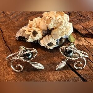 Leaf Swirl Earrings Sterling Silver 925 Screw-back Etched Engraved 1” Hematite